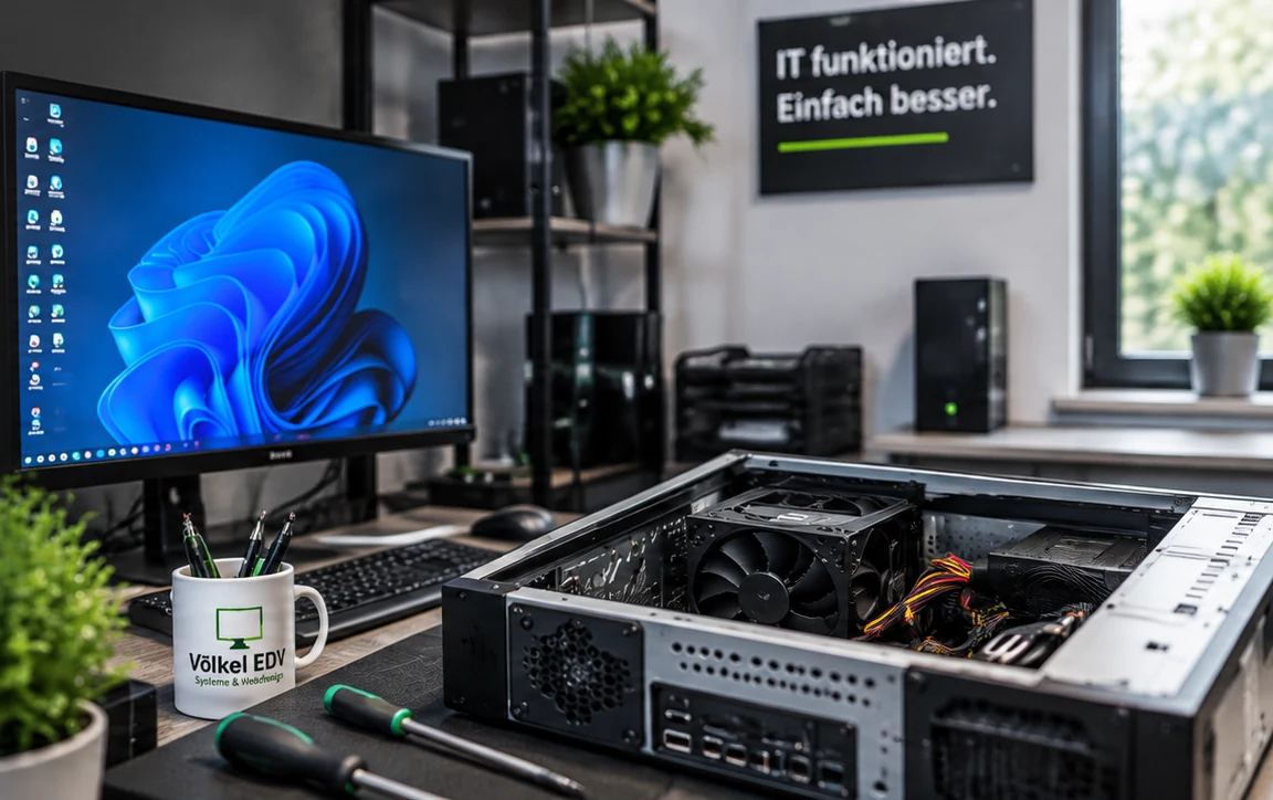 PC-Arbeitsplatz mit geöffnetem Rechner für PC-Service und IT-Support