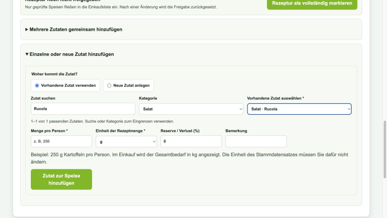 Völkel EDV Systeme | Wordpress Webdesign und Entwicklung 4 Catering-Anwendung: Rezepturen mit Zutaten und Mengen verwalten